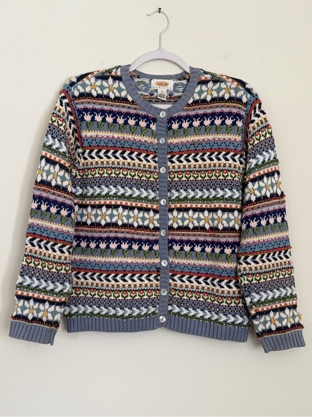 Talbots VTG Small Blue Floral Fair Isle Cardigan Grandmacore Cottagecore